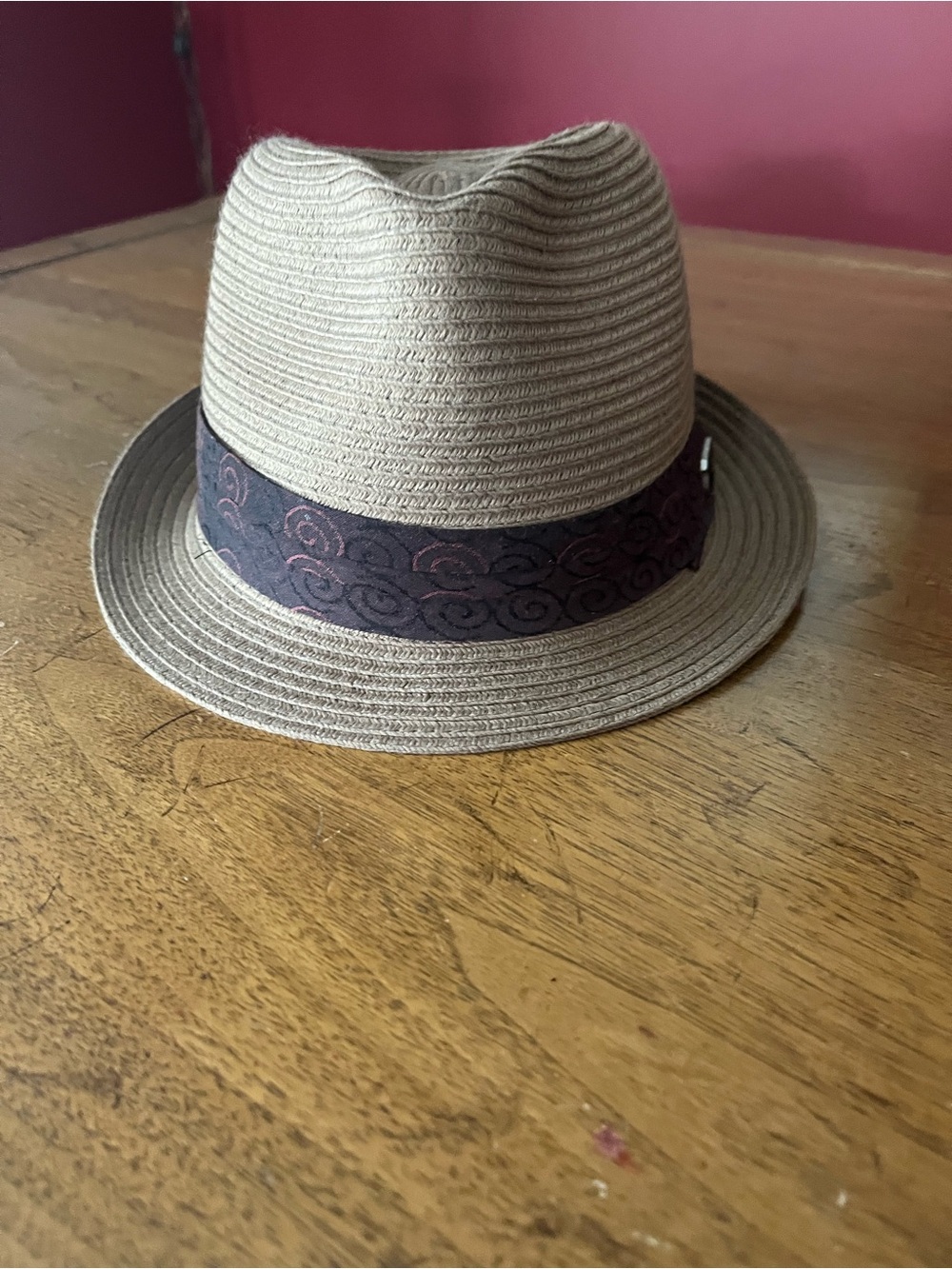 Straw Fedora Hat with Brown Patterned Band